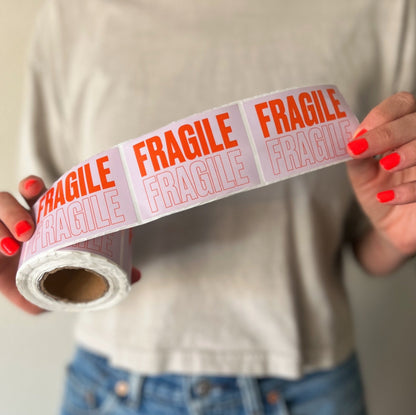 2 x 3 inch Fragile Sticker - Pink/Orange - Roll of 250 - Shippy Tape