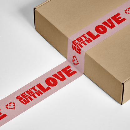 Packages wrapped in vibrant pink and red tape reading 'Sent with Love' with a heart symbol, ready for shipping.