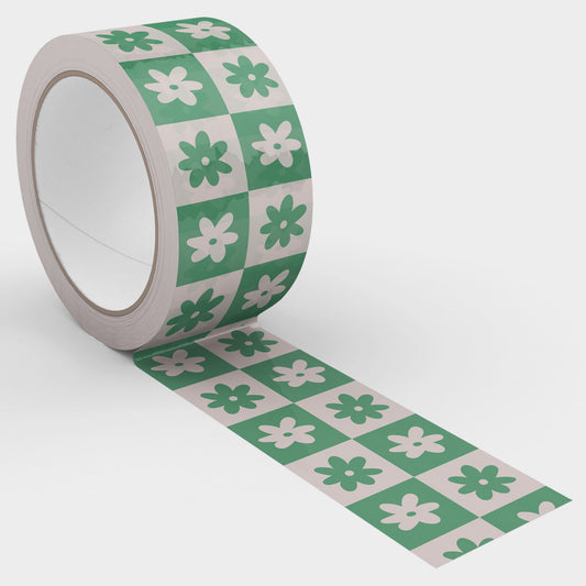 Checkered Retro Flower Shipping Tape - Green/Cream