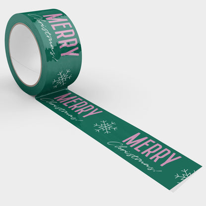 Merry Christmas Shipping Tape - Green/Pink Snowflake