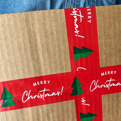 Merry Christmas Tree Shipping Tape - Red/Green