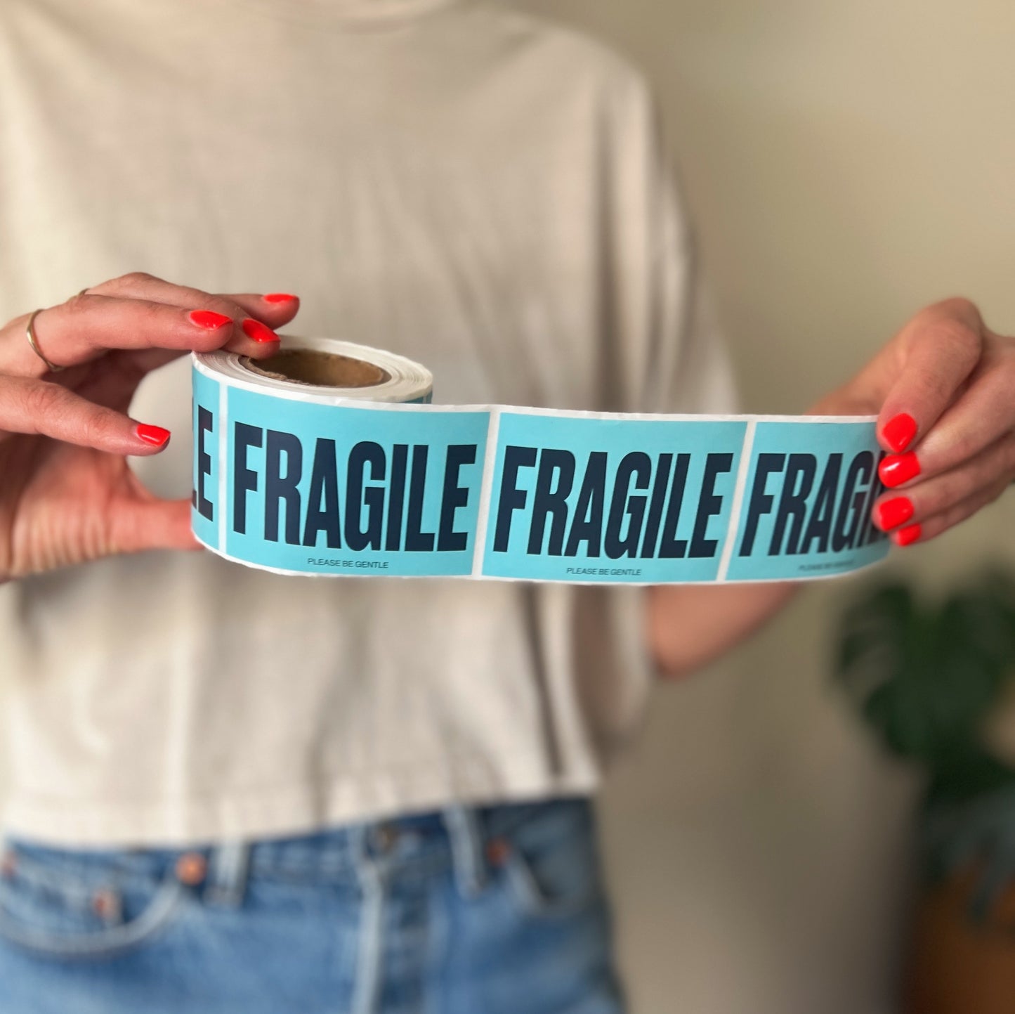 2 x 3 inch Fragile Sticker - Please Be Gentle - Teal - Roll of 250