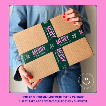 Merry Christmas Shipping Tape - Green/Pink Snowflake