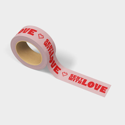 Roll of pink and red 'Sent with Love' printed shipping tape, embellished with a charming heart design